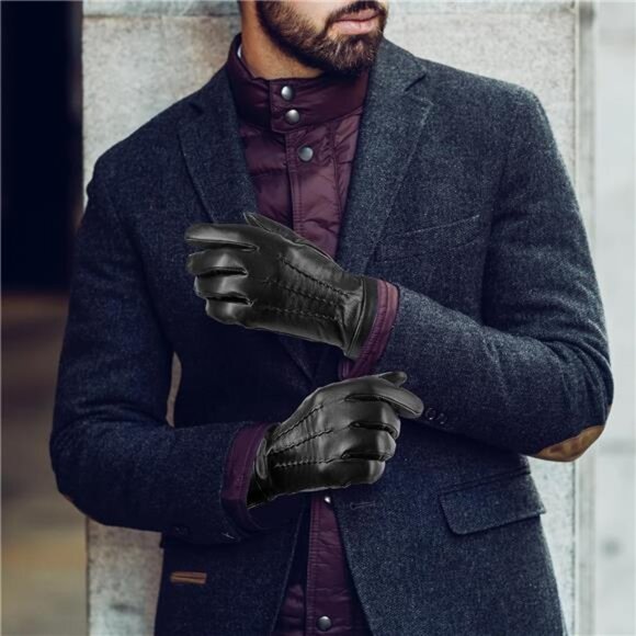 Genuine Sheepskin Leather Gloves for Men, Soft Cashmere Winter Warm Touch - Picture 5 of 12